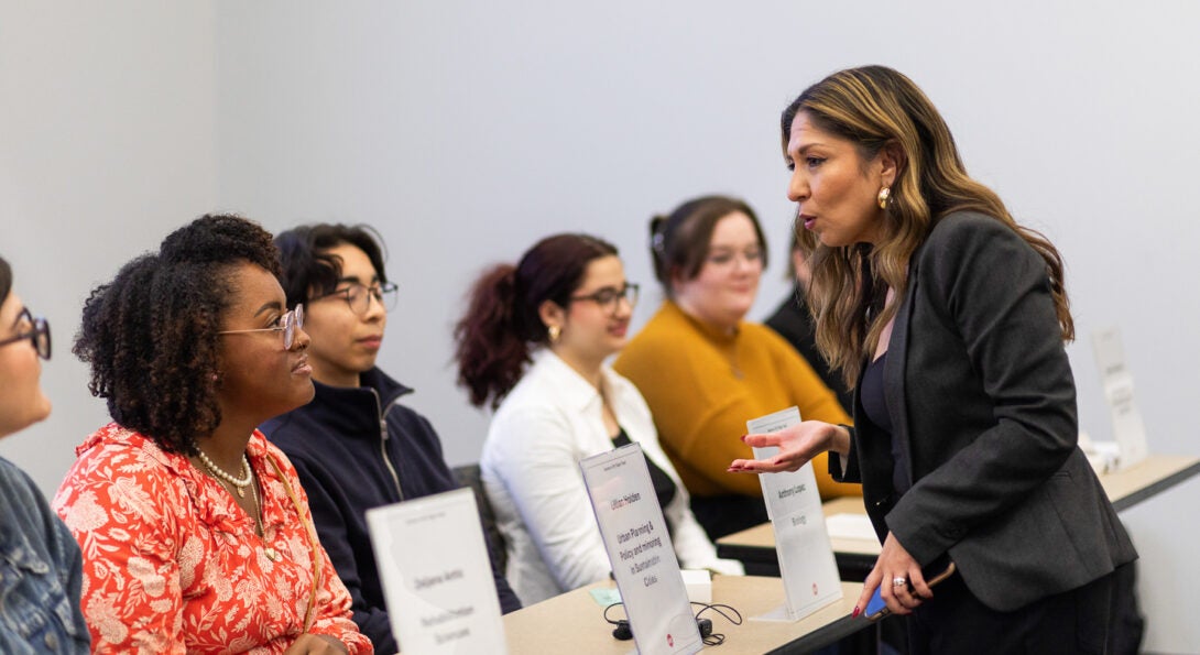 Liz Herrera speaks to panel of students at career event